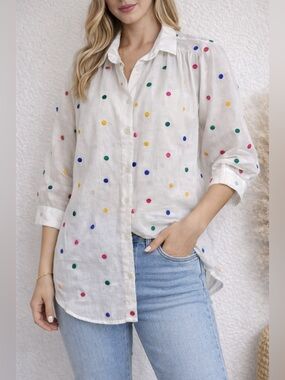 Gabar Vintage White Polka Dot Embroidered Button Front Tunic Blouse Sz S